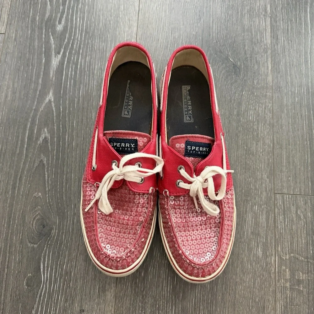 Sperry Top-Sider Womens 9 Bahama Boat Shoes Red Sequins Coastal Nautical Preppy